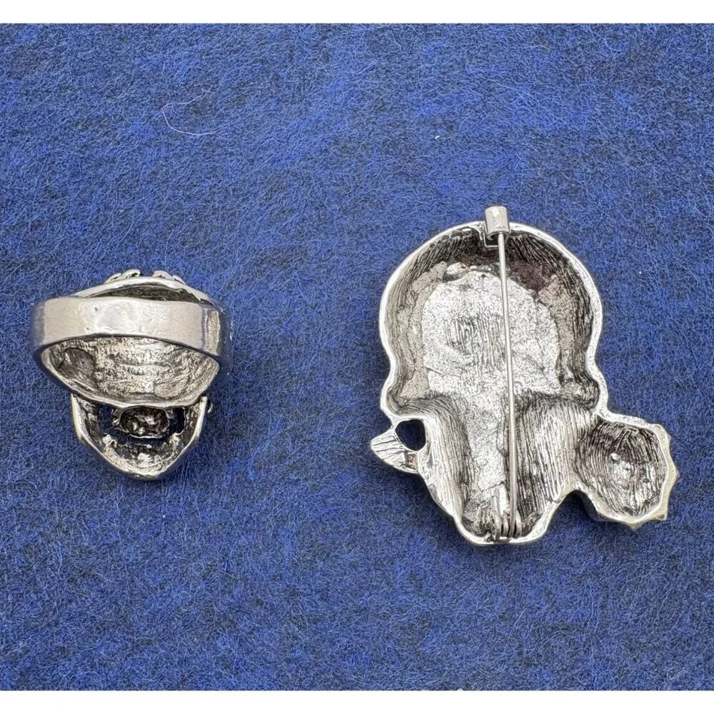 Skull-Themed Silver Ring & Brooch Pin